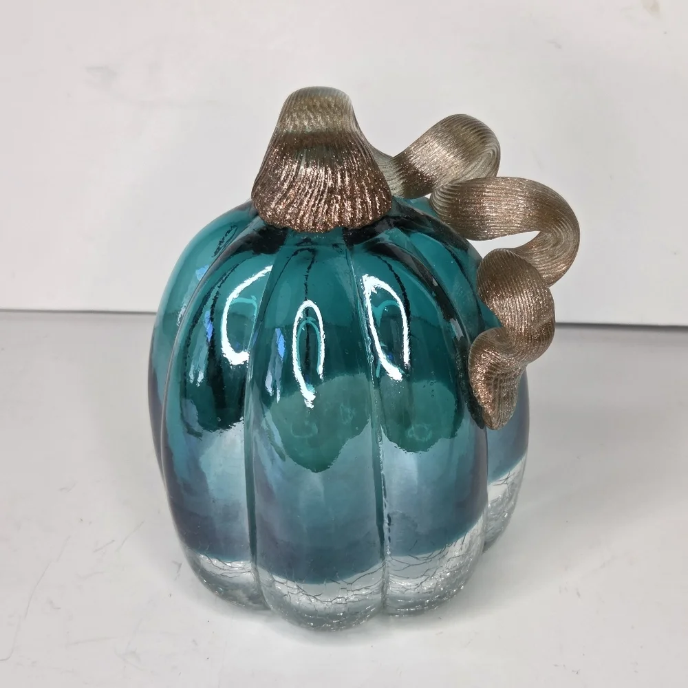Glitzhome Teal Turquoise Hand Blown Crackle Glass And Glitter Pumpkin Fall Decor